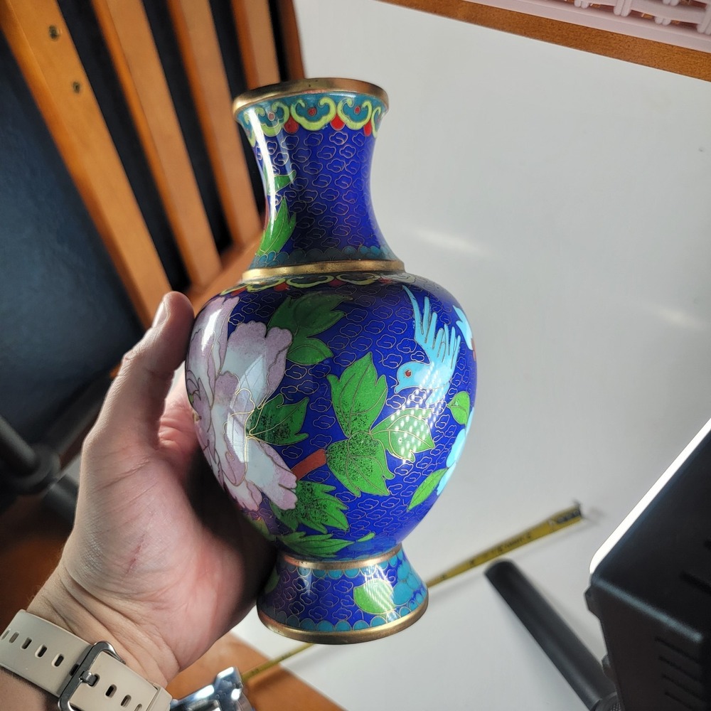 Vintage Antique Chinese Cloisonne Enamel on Brass Blue Vase‎ Flower - Picture 9 of 10